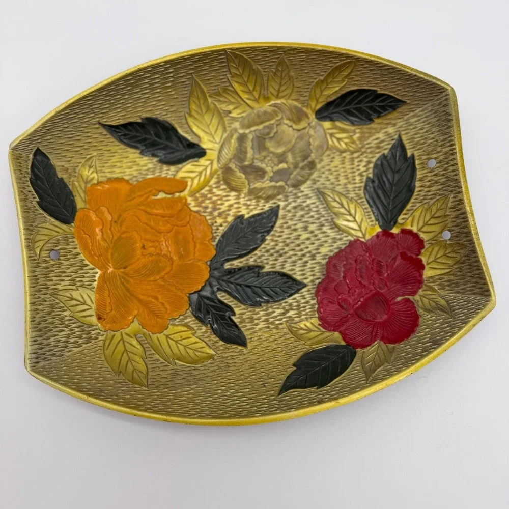 Vintage Asian Style Floral Peony Decorative Tray Gold Textured Relief 9.5 Inch